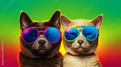 Cat and dog with sunglasses. © ikkilostd