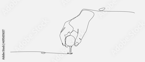 hand put golf ball on tee in continuous one line drawing style. editable stroke. vector illustration