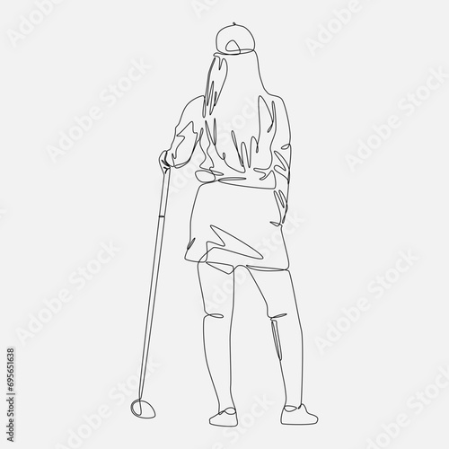 woman golfer holding golf stick back view in continuous one line drawing style. editable stroke. vector illustration