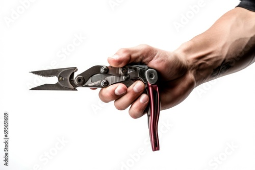 Focused Man holding pliers isolated on white. Worker tool equipment metal steel. Generate Ai