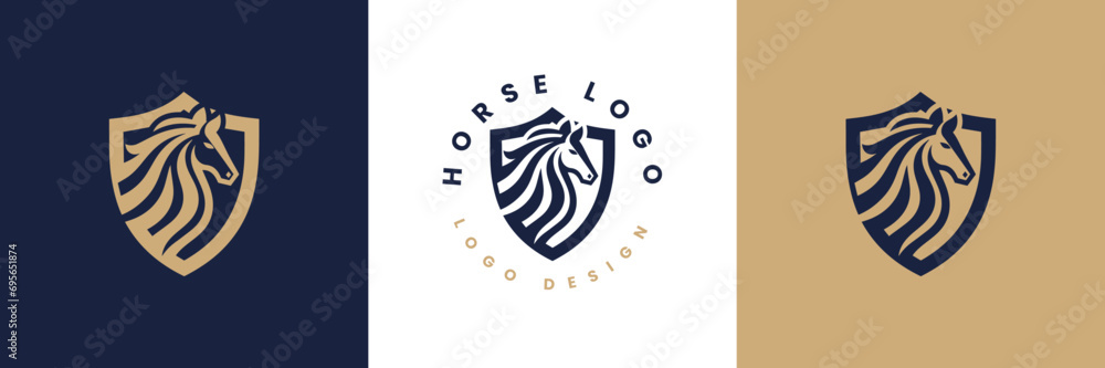 Horse shield vector logo template, Horse head logo and shield icon inspiration, Horse Head on Shield Logo design vector template, Equestrian Logotype emblem icon vintage style. - obrazy, fototapety, plakaty 