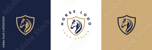 Horse shield vector logo template, Horse head logo and shield icon inspiration, Horse Head on Shield Logo design vector template, Equestrian Logotype emblem icon vintage style.