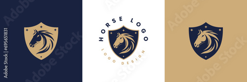 Horse shield vector logo template, Horse head logo and shield icon inspiration, Horse Head on Shield Logo design vector template, Equestrian Logotype emblem icon vintage style.