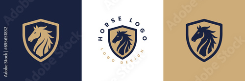 Horse shield vector logo template, Horse head logo and shield icon inspiration, Horse Head on Shield Logo design vector template, Equestrian Logotype emblem icon vintage style.