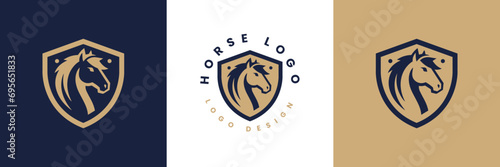 Horse shield vector logo template, Horse head logo and shield icon inspiration, Horse Head on Shield Logo design vector template, Equestrian Logotype emblem icon vintage style.