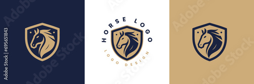 Horse shield vector logo template, Horse head logo and shield icon inspiration, Horse Head on Shield Logo design vector template, Equestrian Logotype emblem icon vintage style.