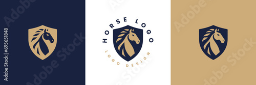 Horse shield vector logo template, Horse head logo and shield icon inspiration, Horse Head on Shield Logo design vector template, Equestrian Logotype emblem icon vintage style.