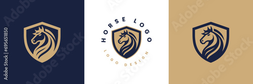 Horse shield vector logo template, Horse head logo and shield icon inspiration, Horse Head on Shield Logo design vector template, Equestrian Logotype emblem icon vintage style.
