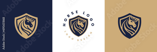 Horse shield vector logo template, Horse head logo and shield icon inspiration, Horse Head on Shield Logo design vector template, Equestrian Logotype emblem icon vintage style.