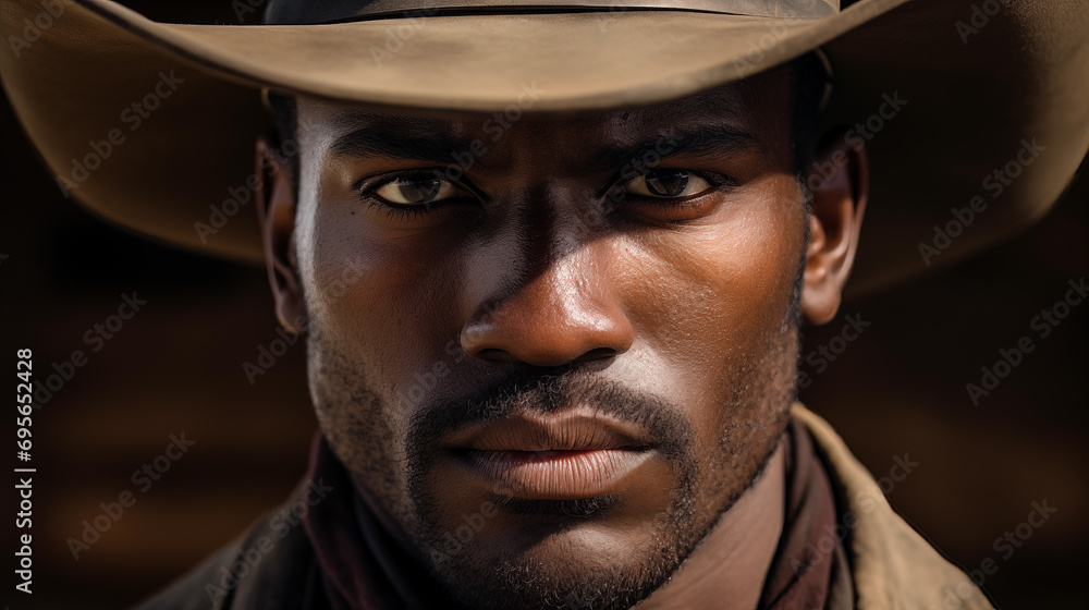 portrait photo, wild west man, intense eyes, dark skin, natural lighting