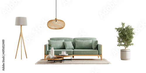 Green sofa and decor on transparent background.3d rendering photo