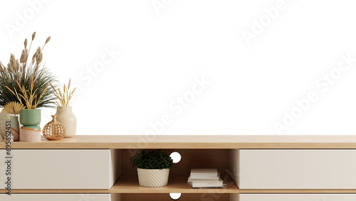 Wooden cabinet and accessories decor on transparent background.3d rendering photo