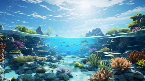View of coral reefs and fish with a sky background.