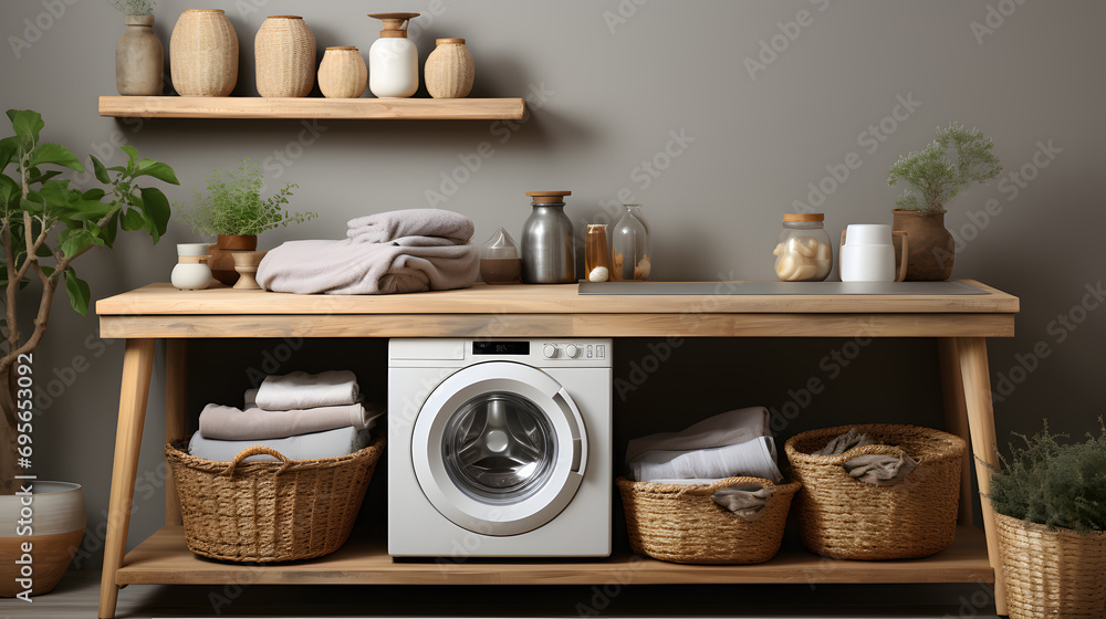 washing machines in a clean utility laundry room or washing service room interior front view shot as mockup design with copy space area