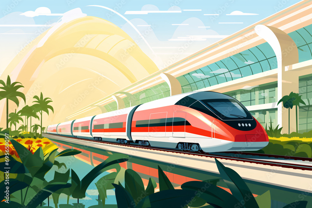 Illustration of taking the high-speed train home during Spring Festival, illustration of modern transportation railway train scene
