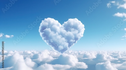 Heart-shaped cloud in blue sky among fluffy clouds. Love and romance.