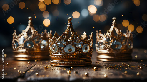 Three gold shiny crowns on festive background. Epiphany day holiday celebration night background