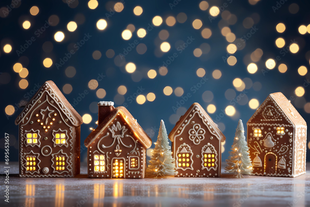 Gingerbread houses with Christmas tree and lights on a dark blue background