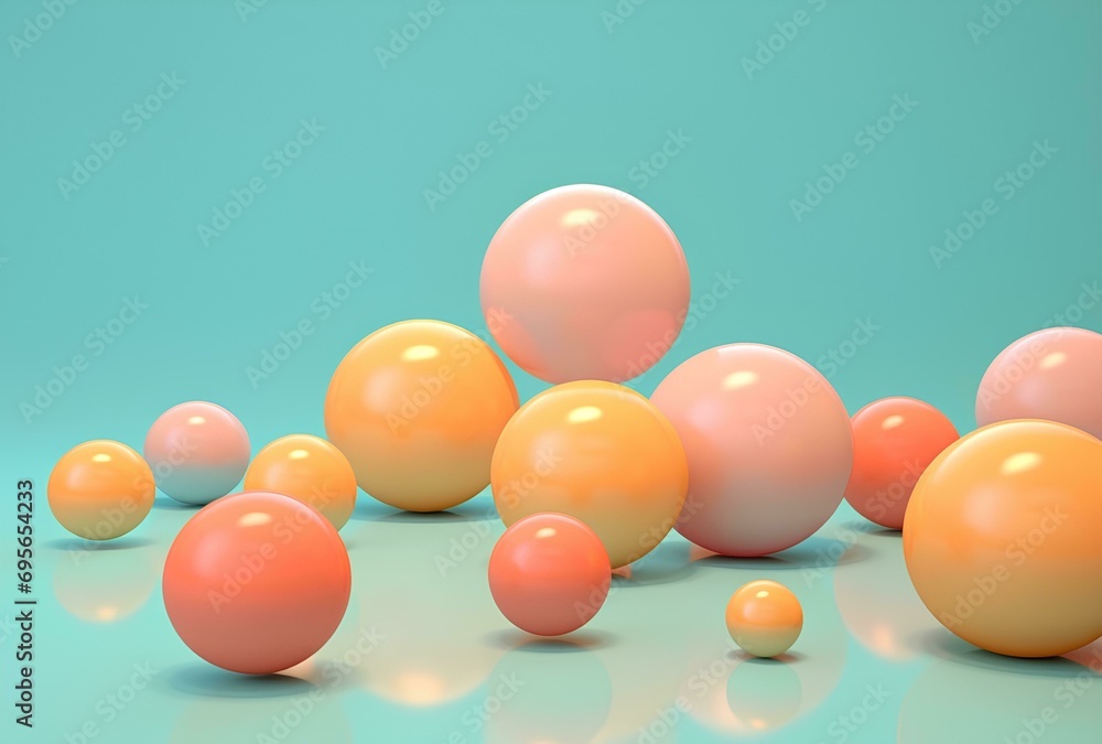 Abstract 3d rendering of multicolored bubble spheres on pastel background