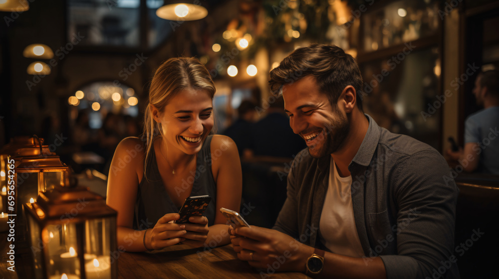 Couple at bar with cell phone.