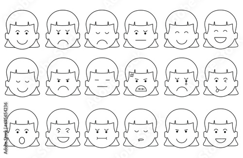 Hand drawn kids drawing A collection of adorable facial girl expressions flat cartoon isolated set