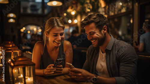 Couple at bar with cell phone.
