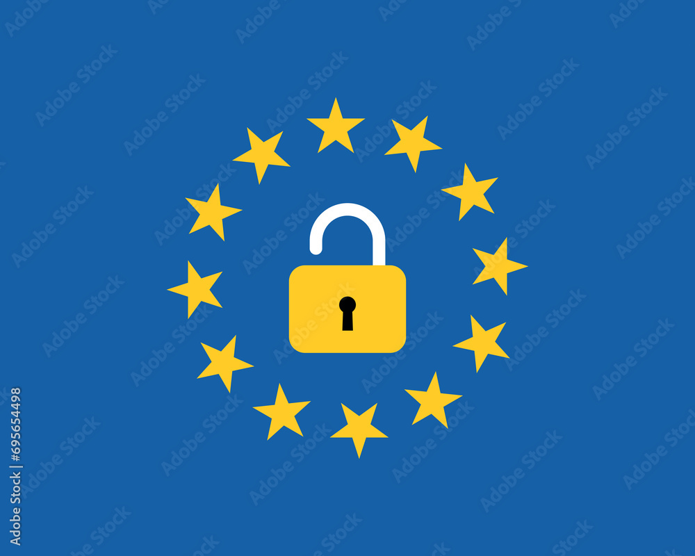 European union flag with an open lock symbol vector illustration. - obrazy, fototapety, plakaty 