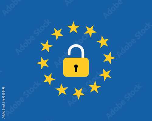 European union flag with an open lock symbol vector illustration.