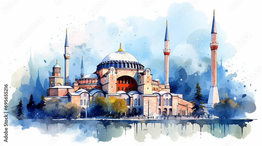 Obraz premium hagia sophia istanbul turkey graphical sketch watercolor
