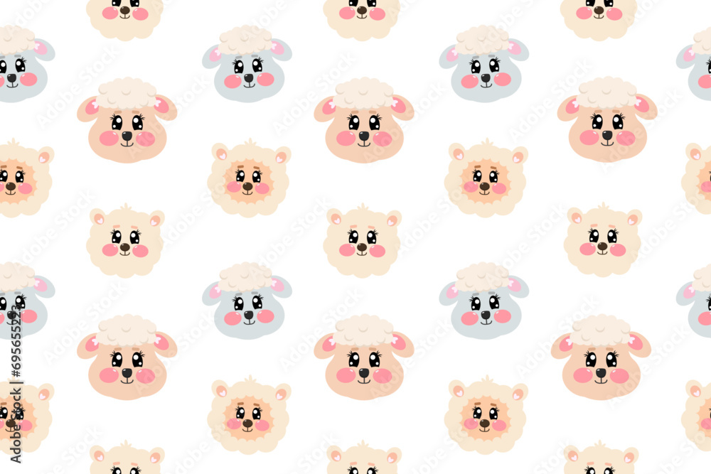 Seamless pattern with cute kawaii alpaca, lamb, ewe, sheep face, head for nursery, print or textile for kids. Vector cartoon illustration for baby, children