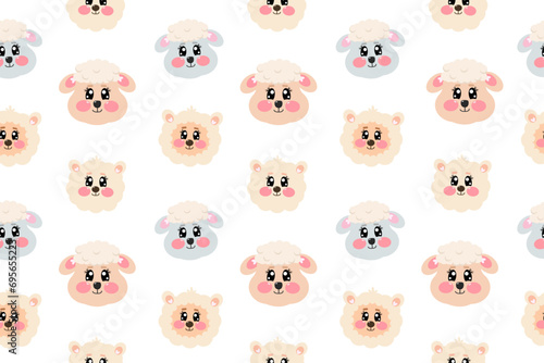 Seamless pattern with cute kawaii alpaca, lamb, ewe, sheep face, head for nursery, print or textile for kids. Vector cartoon illustration for baby, children