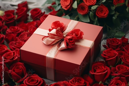 A red box with a bow lies among the petals of red roses  Valentine s Day. Birthday. Holiday. Present. copyspace
