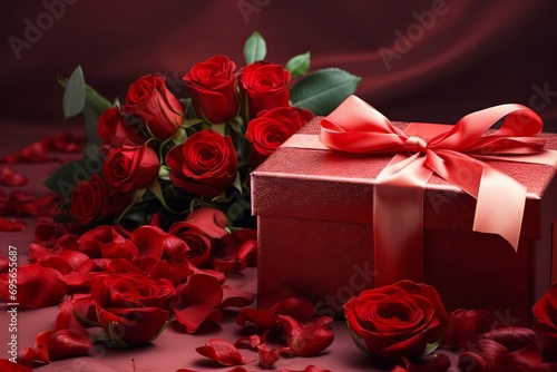 A red box with a bow lies among the petals of red roses  Valentine s Day. Birthday. Holiday. Present. copyspace