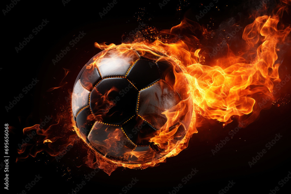 Fototapeta premium Burning football ball bright flamy symbol abstract on black background.