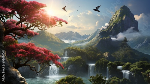 Painting of a tropical forest in the mountains photo