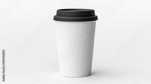 a white cup with a black lid and a black lid