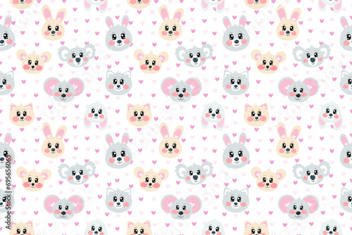 Seamless pattern with cartoon kawaii cute happy sweet face, head of bunny, cat, mouse and koala face with hearts for children, kids, baby isolated on white background