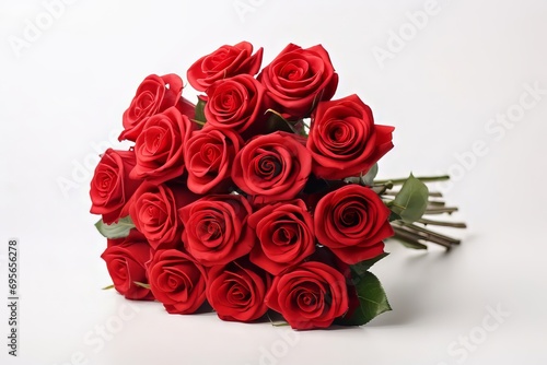 A bouquet of red roses lies on a white background. Valentine s Day. Birthday. Holiday. Present. Copyspace. 