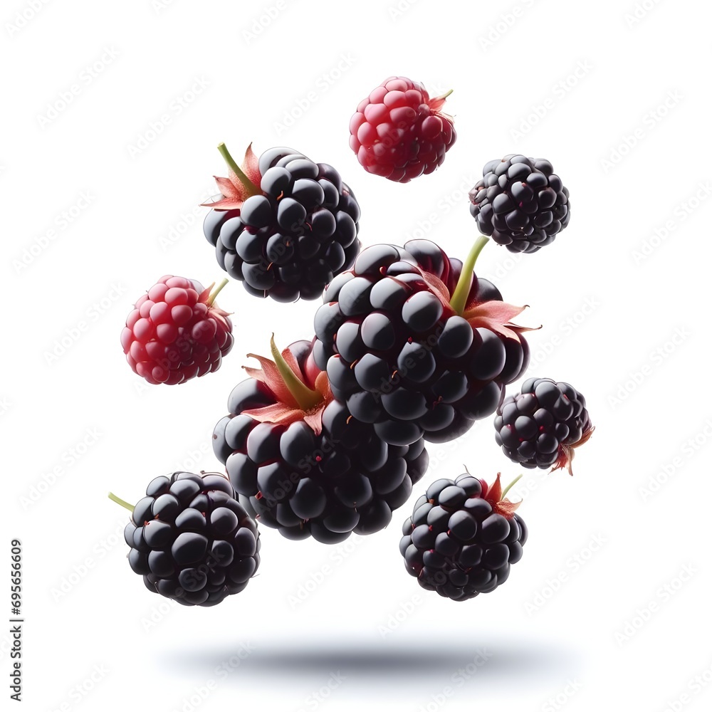 Ripe blackberries levitate and  white background