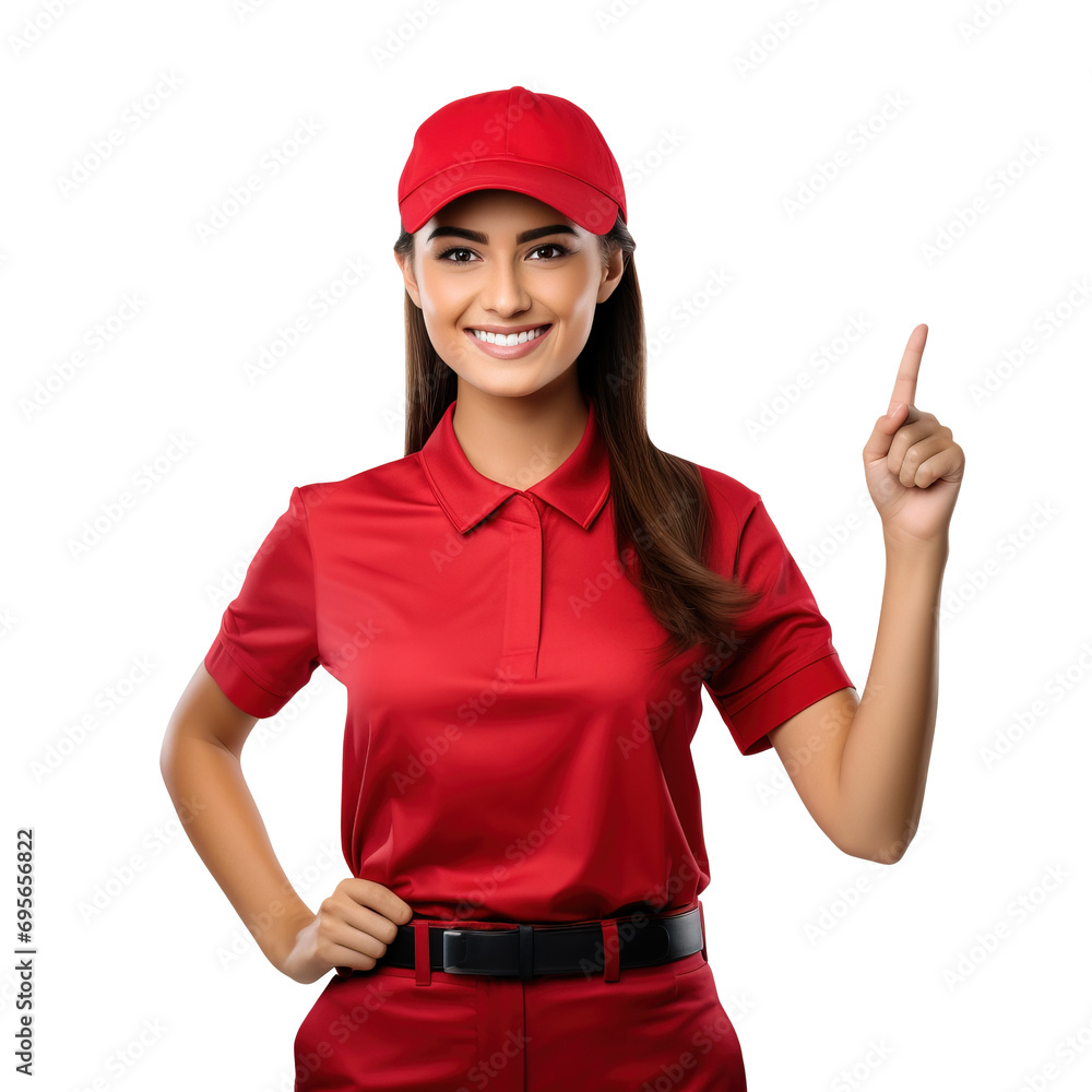 Female fast food employee in red uniform pointing with finger up. Posing over isolated transparent background Female fast food employee in red uniform pointing with finger up. Posing over isolated transparent background