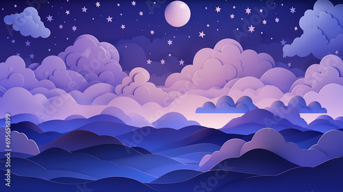 night sky in paper cut style. cutout 3d background with dark purple background