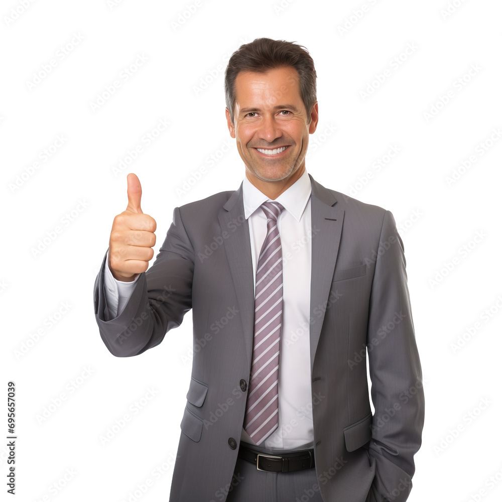 Middle aged company manager man giving thumbs up over white transparent background Middle aged company manager man giving thumbs up over white transparent background