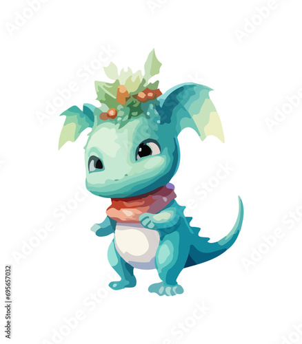 Vector cute Christmas dragon. Symbol of the New Year. Dinosaur illustration in watercolor style isolated on white background.