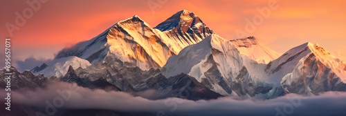 Mount Everest, Himalayas at sunrise with rocky snowy peak mountains © Pajaros Volando