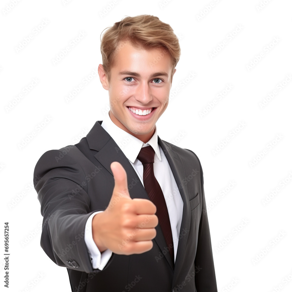 Caucasian young man business man doing thumbs up over white transparent background Caucasian young man business man doing thumbs up over white transparent background