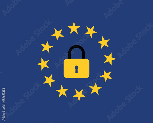 European union flag with a closed lock symbol stops emigration unauthorized signal vector illustration. photo