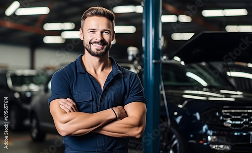 A male auto mechanic working at an auto body shop.