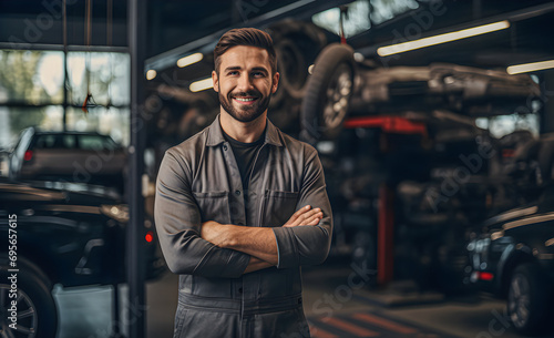A male auto mechanic working at an auto body shop.