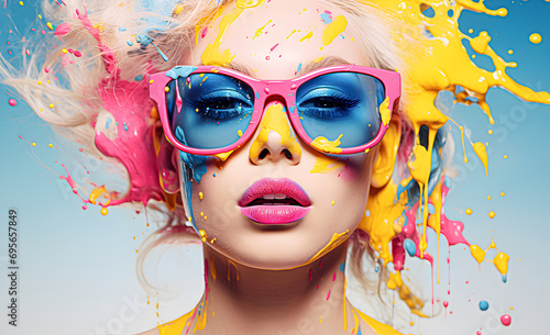 Multicolored paint splatters on the face of a man wearing pink sunglasses. photo