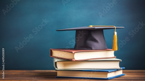 Front view of stacked books  a graduation cap and an open book  copy space - generative ai